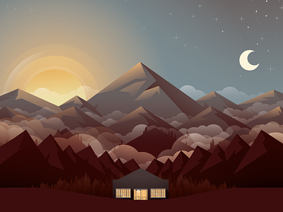 Mountains clouds dribbble illustration landing page footer landscape meetup moon mountains sun